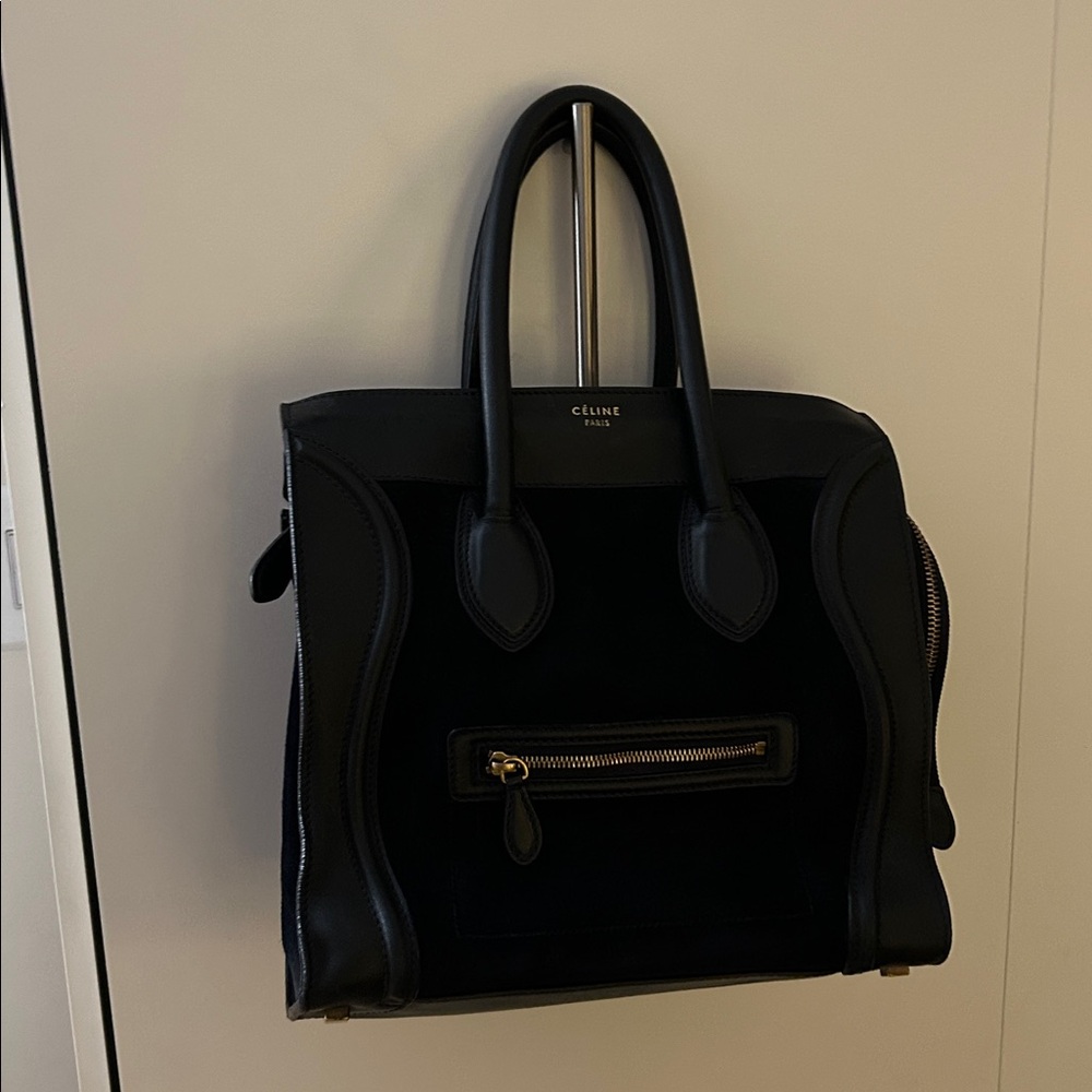 Celine Black Leather Satchel with Gold Accents